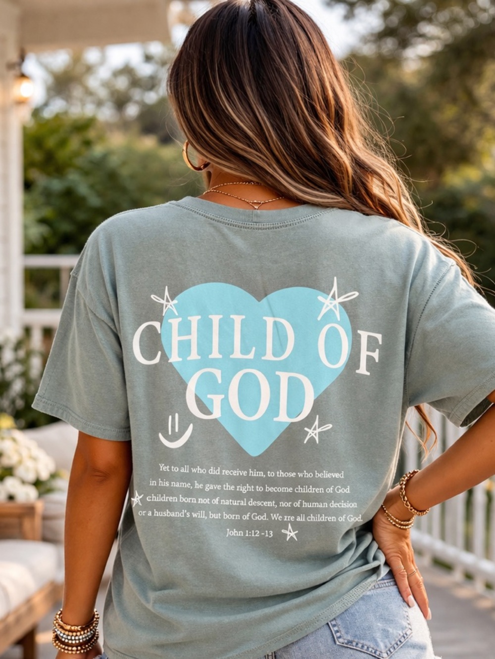 Child of God Graphic Tee - Sage Green with Blue Heart
